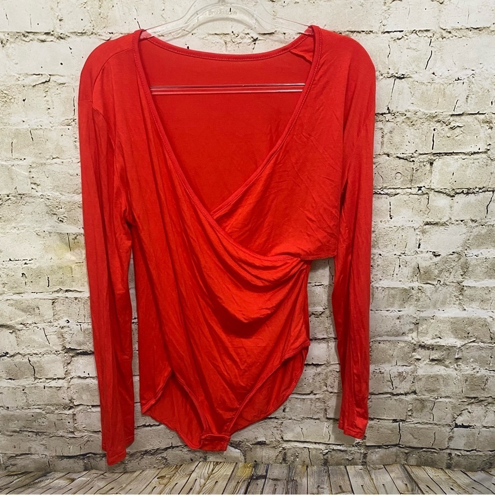 Solid Orange Modal Faux Wrap Long Sleeve Bodysuit Top